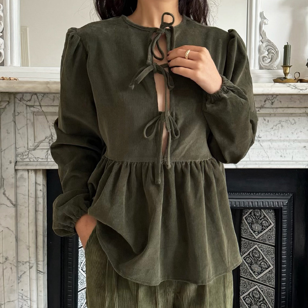 Corduroy ribbon blouse Khaki