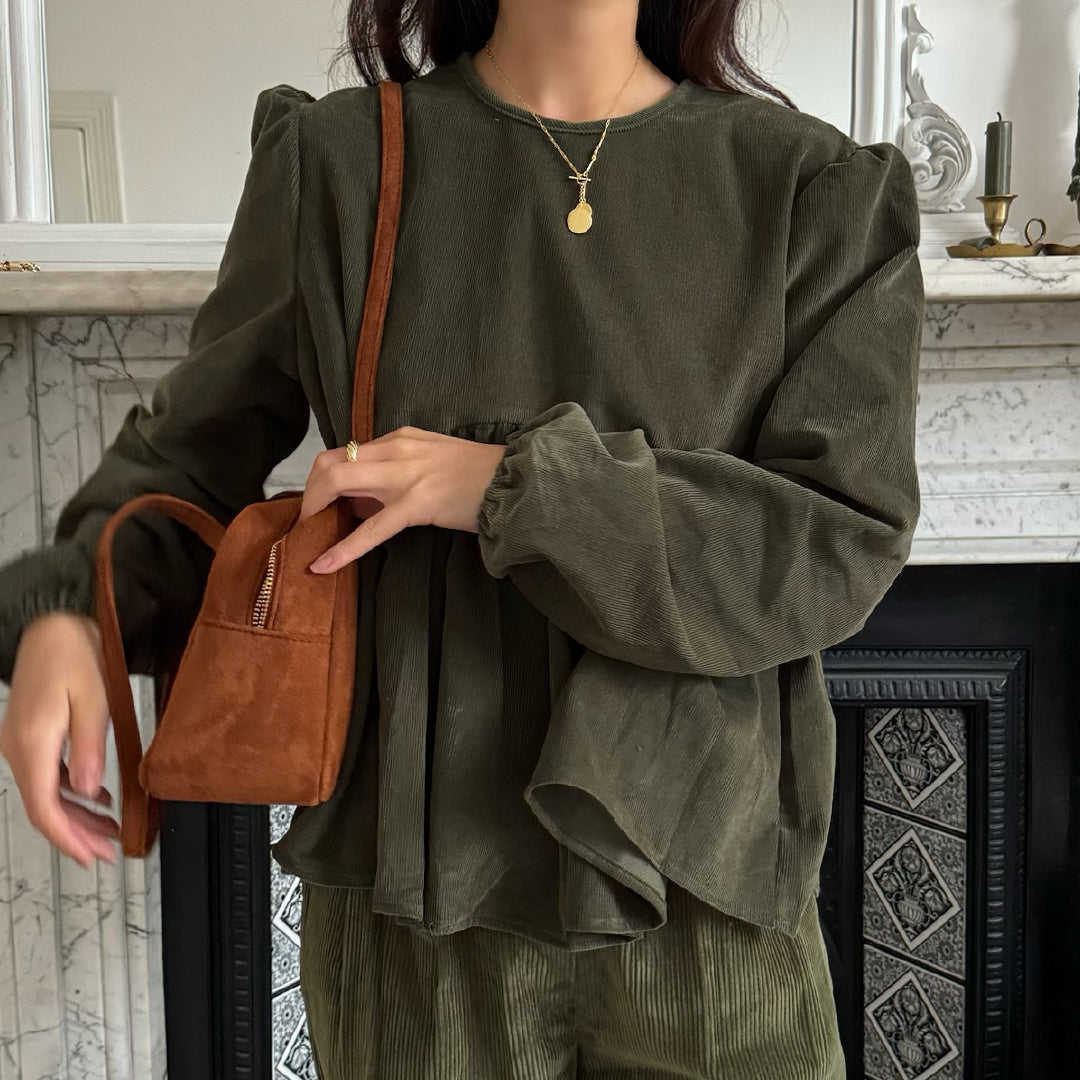 Corduroy ribbon blouse Khaki