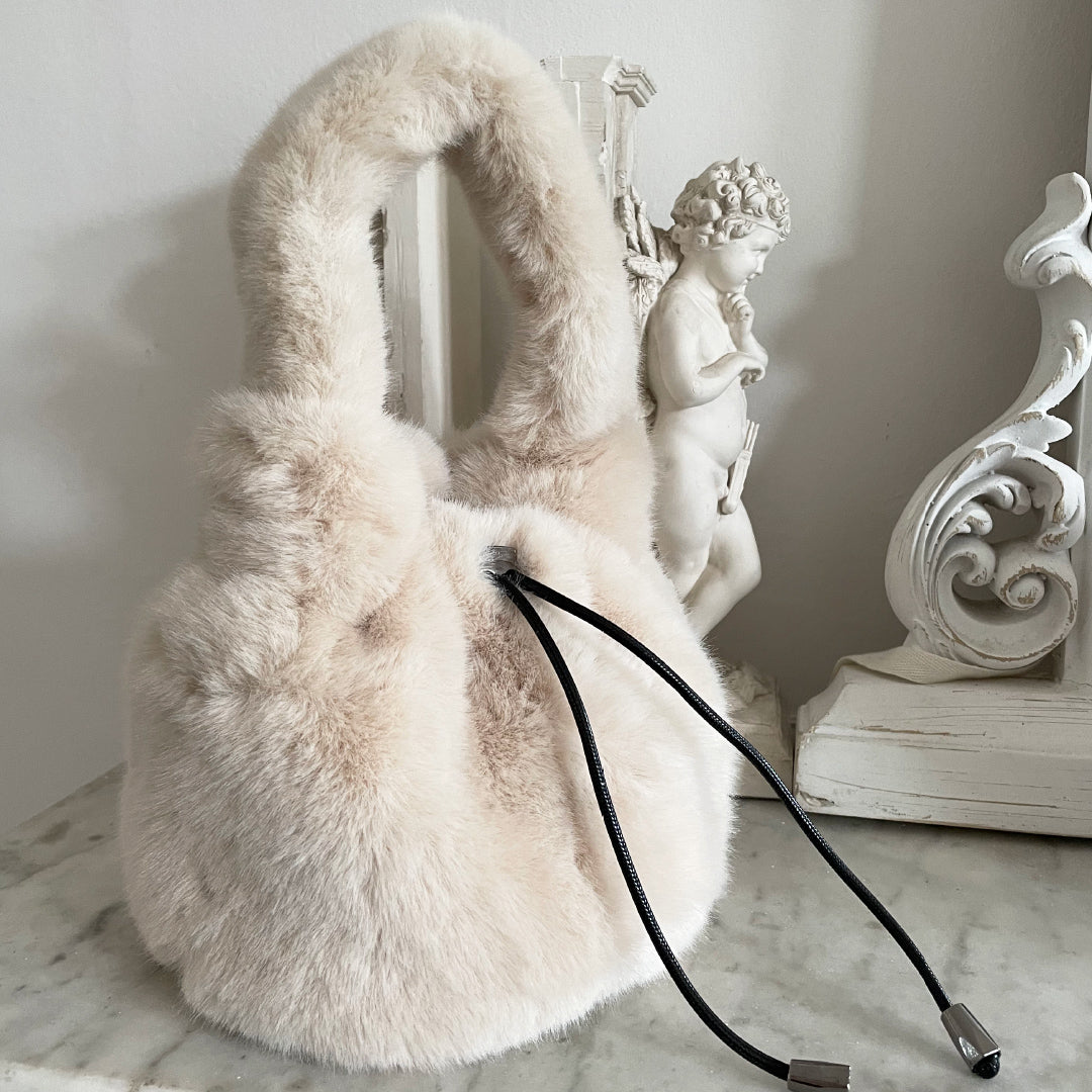 Faux fur round mini bag cream